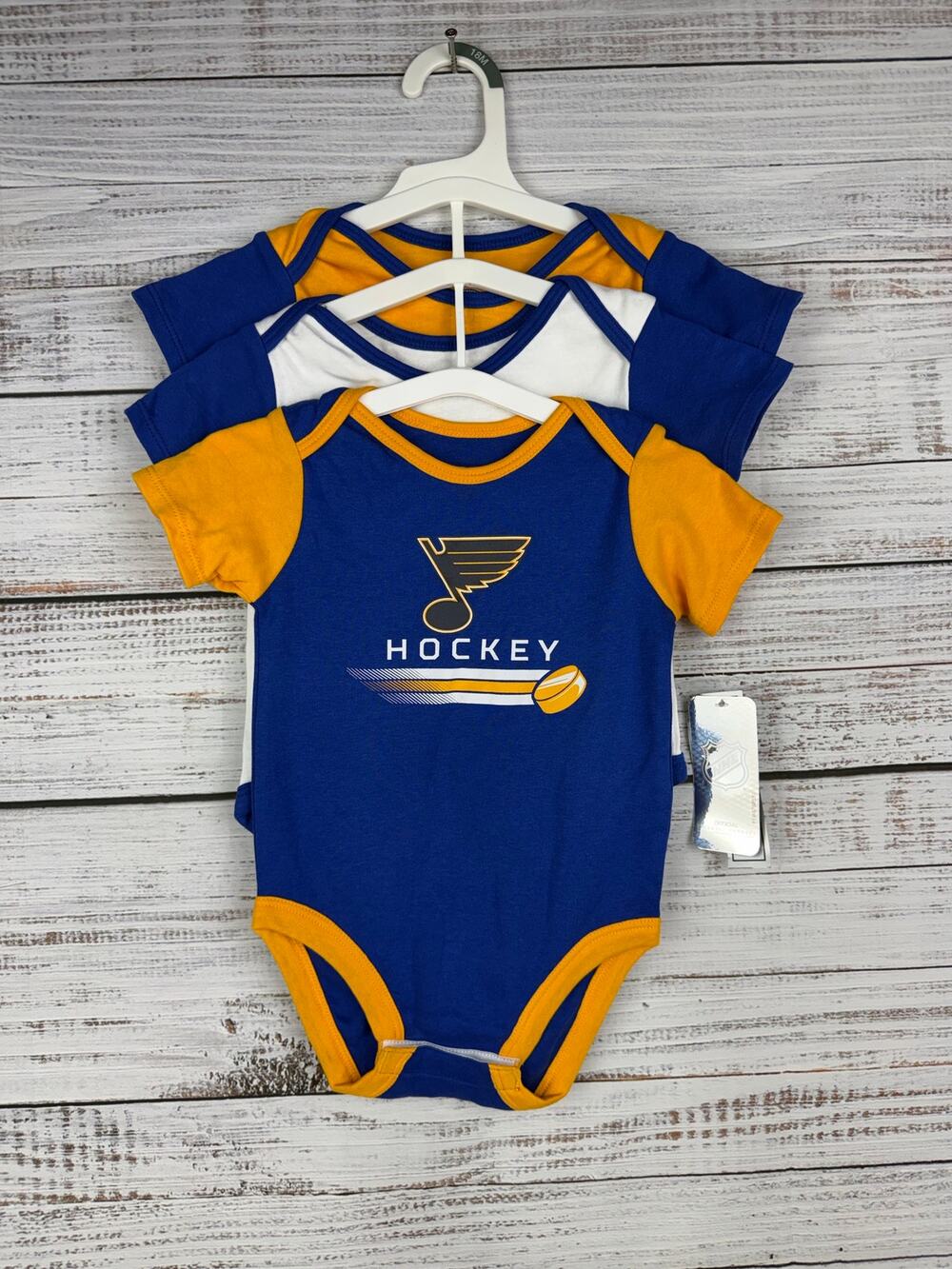 NHL St. Louis Blues Hockey Baby Bodysuits New Set of 3 18mo Blue White Yellow